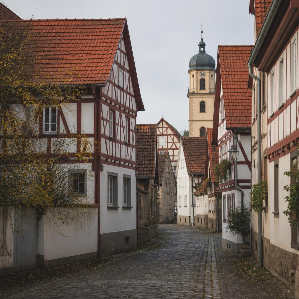 Fränkische Fachwerkgasse mit Kirchturm.